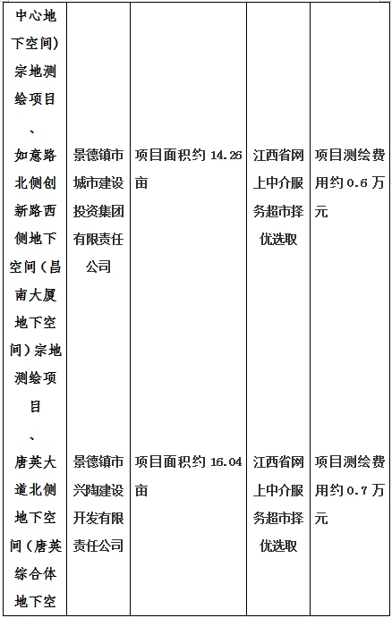 景德鎮市昌南新區LJ1-03-A01-1地塊、瓷都大道東側中渡口地下空間（格蘭云天大酒店地下空間）、光明大道北側利民路西側地下空間（青少年宮地下空間）、規劃二路北側地下空間地塊二（加速基地地下空間）、規劃二路北側地下空間地塊一（加速基地地下空間）、景德大道南側天寶橋西側地塊、景興大道東側如意路北側地下空間(社會公共服務