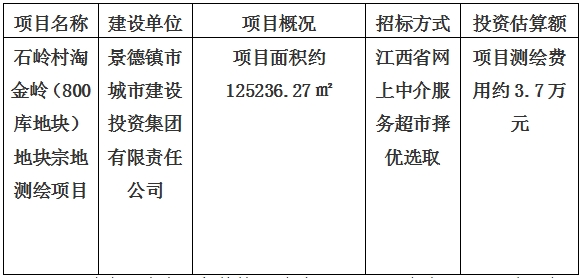 景德鎮市石嶺村淘金嶺（800庫地塊）地塊宗地測繪項目計劃公告
