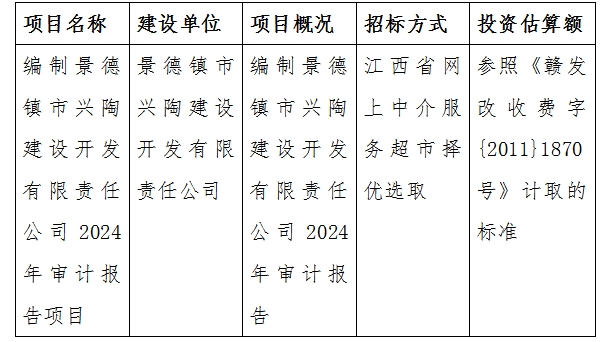 編制景德鎮市興陶建設開發有限責任公司2024年審計報告項目計劃公告